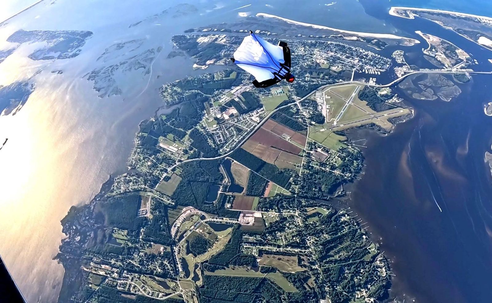 Flying high over a coastal town